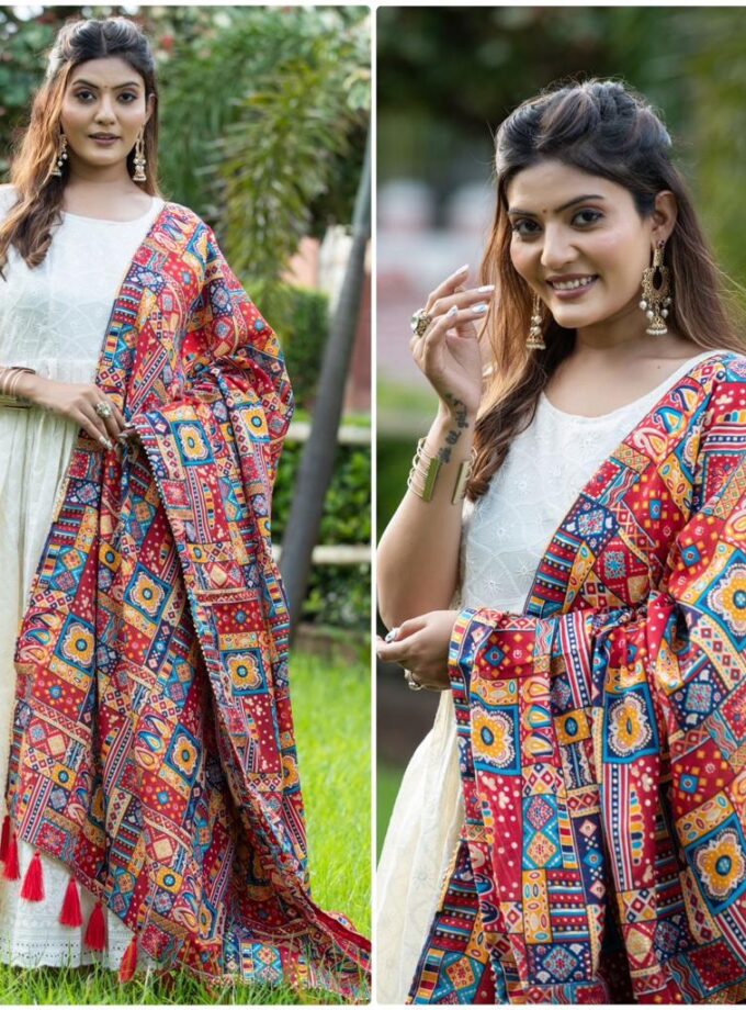 White Lucknowi Chikankari Cotton Gown With Foil Print Dupatta