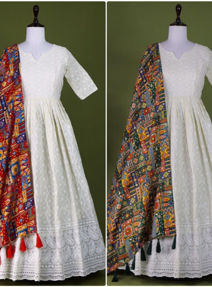 White Lucknowi Chikankari Cotton Gown With Foil Print Dupatta