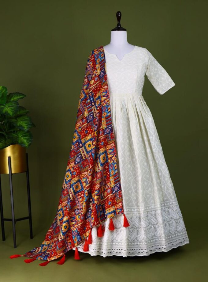White Lucknowi Chikankari Cotton Gown With Foil Print Dupatta