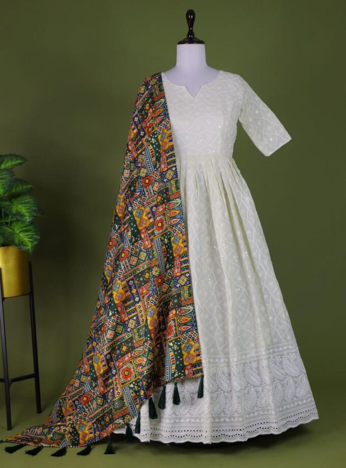 White Lucknowi Chikankari Cotton Gown With Foil Print Dupatta