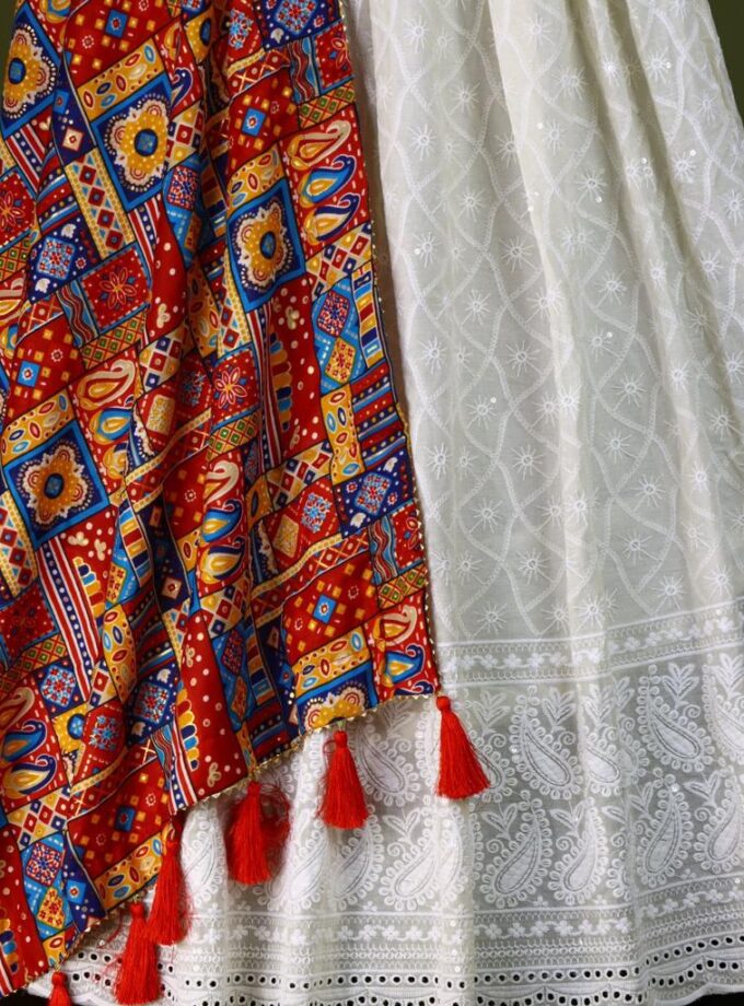 White Lucknowi Chikankari Cotton Gown With Foil Print Dupatta