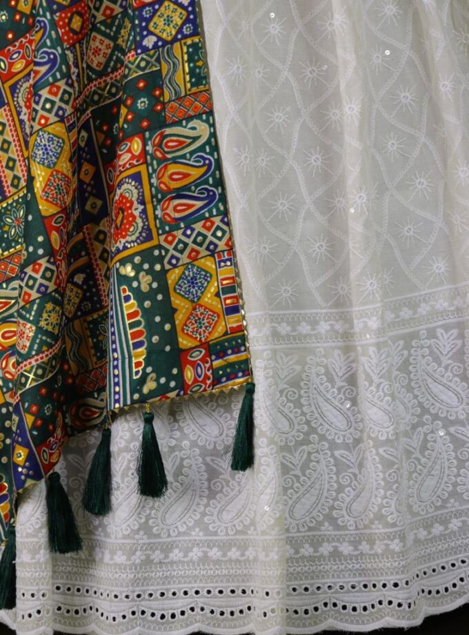 White Lucknowi Chikankari Cotton Gown With Foil Print Dupatta